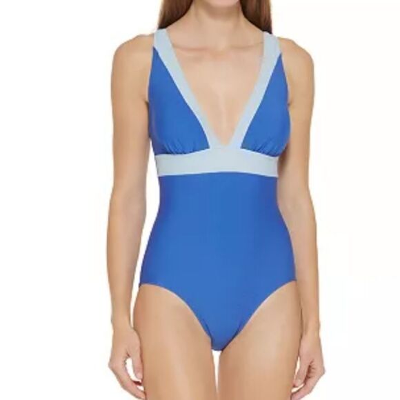 DKNY Plunging Colorblocked One-Piece Swimsuit Blue Size 16 - Picture 14 of 14